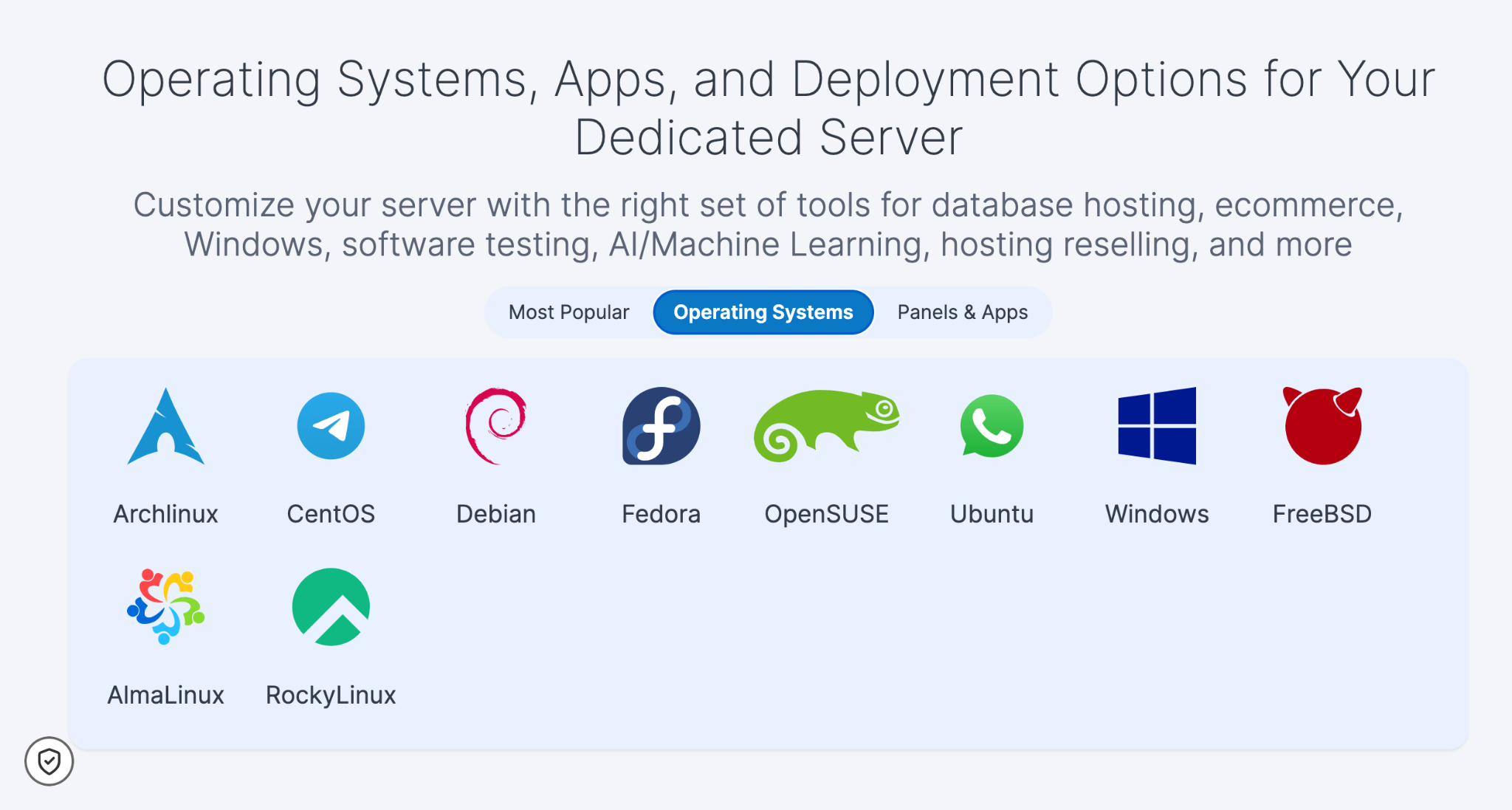 Available operating systems including Arch Linux, CentOS, Debian, Fedora, OpenSUSE, Ubuntu, Windows, FreeBSD, AlmaLinux and Rocky Linux
