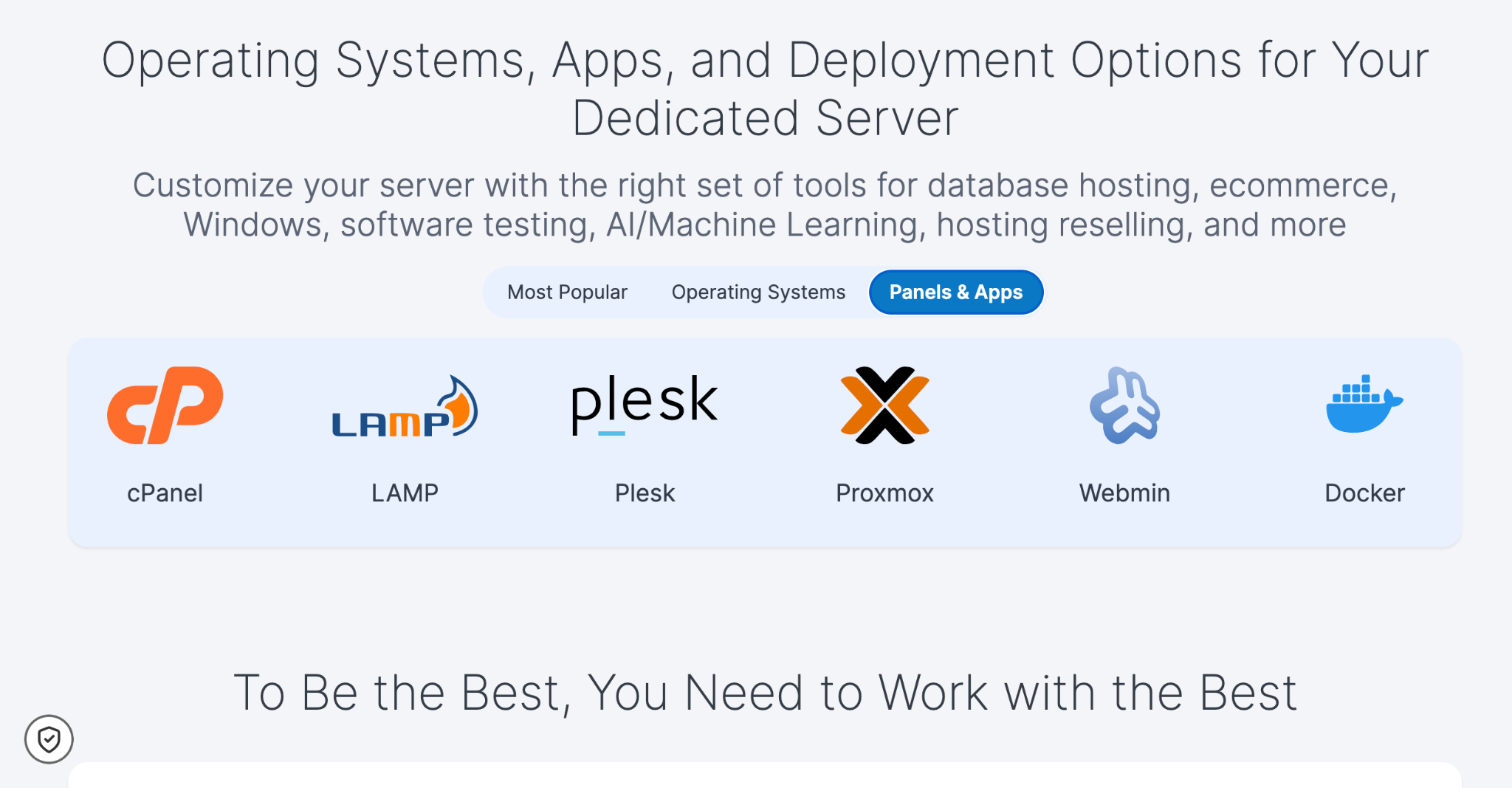 Available panels and applications including cPanel, LAMP, Plesk, Proxmox, Webmin and Docker